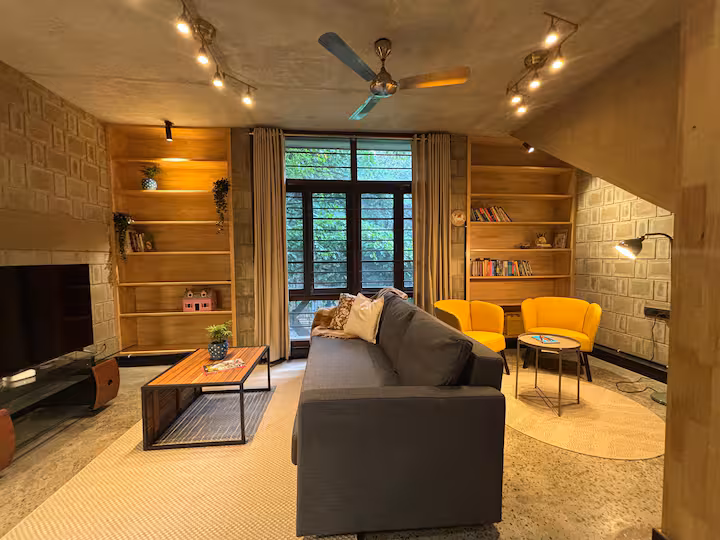 the living room and bookshelves